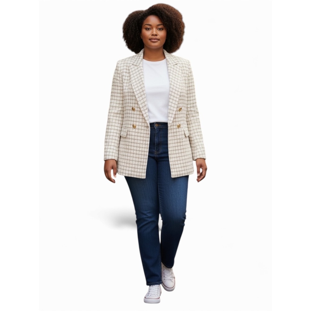 Chic Double Breasted Tweed Blazer Cream Gold Buttons Women's 2XL NWOT